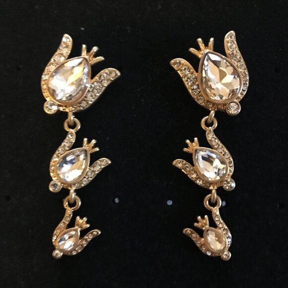 Oscar de la Renta Gold Tone Tulip Clear Crystal Dangle Earrings - Picture 2 of 3